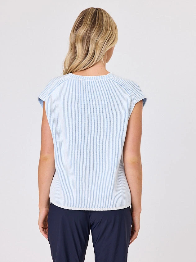 Woman standing front-on in studio light wearing white cotton ribbed top, by Navy & Co nz fashion brand 