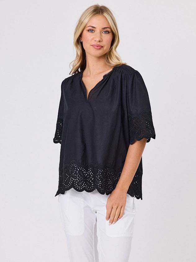 Woman wearing a black blouse with lace details standing front-on in studio light with white background. Top by Navy & Co nz fashion brand  