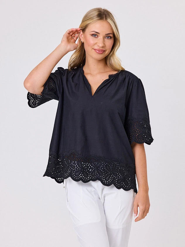 Woman wearing a black blouse with lace details standing front-on in studio light with white background. Top by Navy & Co nz fashion brand  