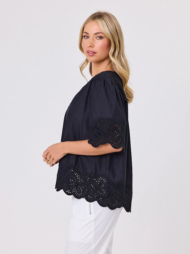 Woman wearing a black blouse with lace details standing front-on in studio light with white background. Top by Navy & Co nz fashion brand  