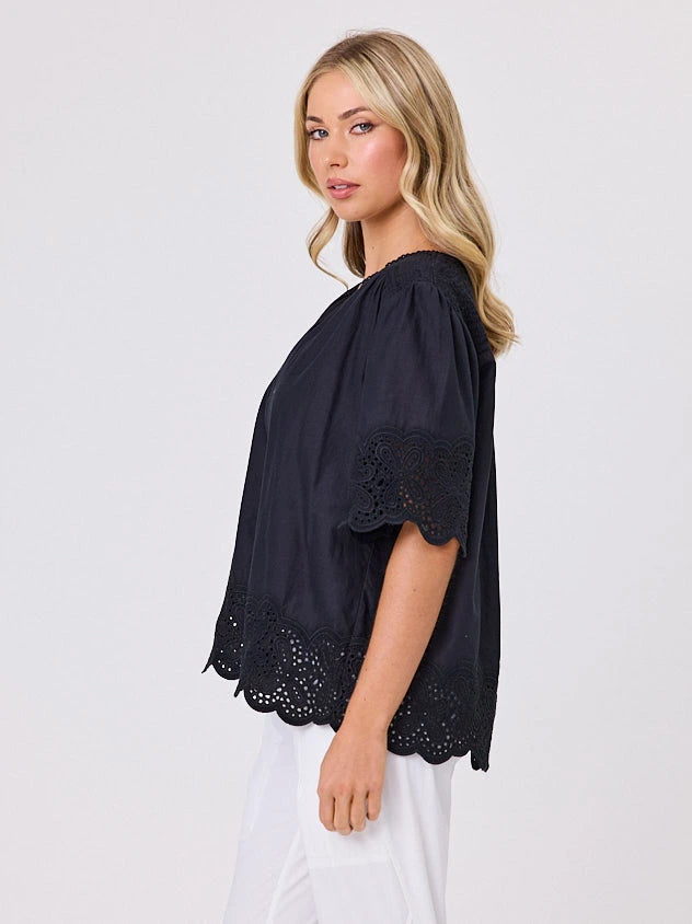 Woman wearing a black blouse with lace details standing front-on in studio light with white background. Top by Navy & Co nz fashion brand  