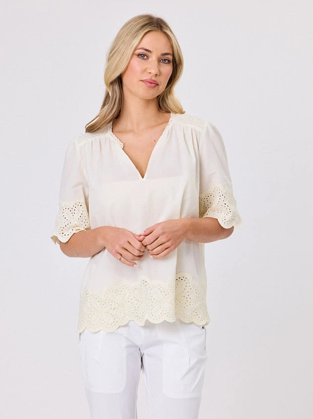 Woman standing front-on in studio light wearing lemon cotton top, by Navy & Co nz fashion brand 