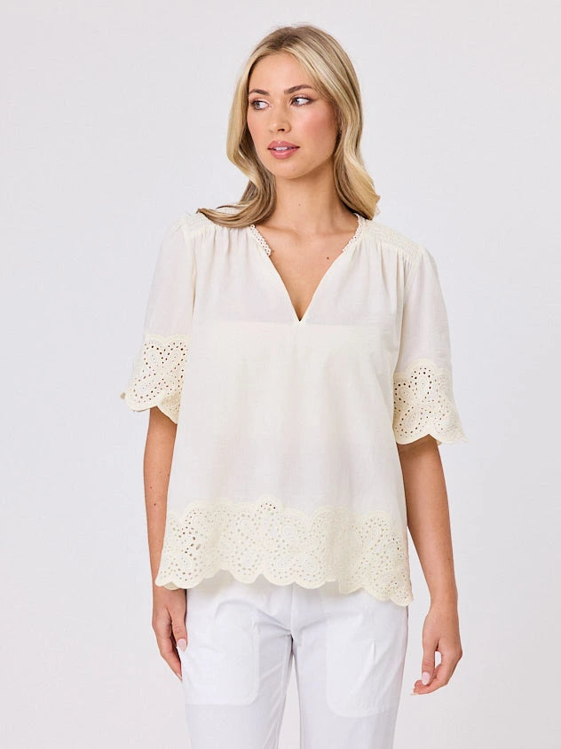 Woman standing front-on in studio light wearing lemon cotton top, by Navy & Co nz fashion brand 